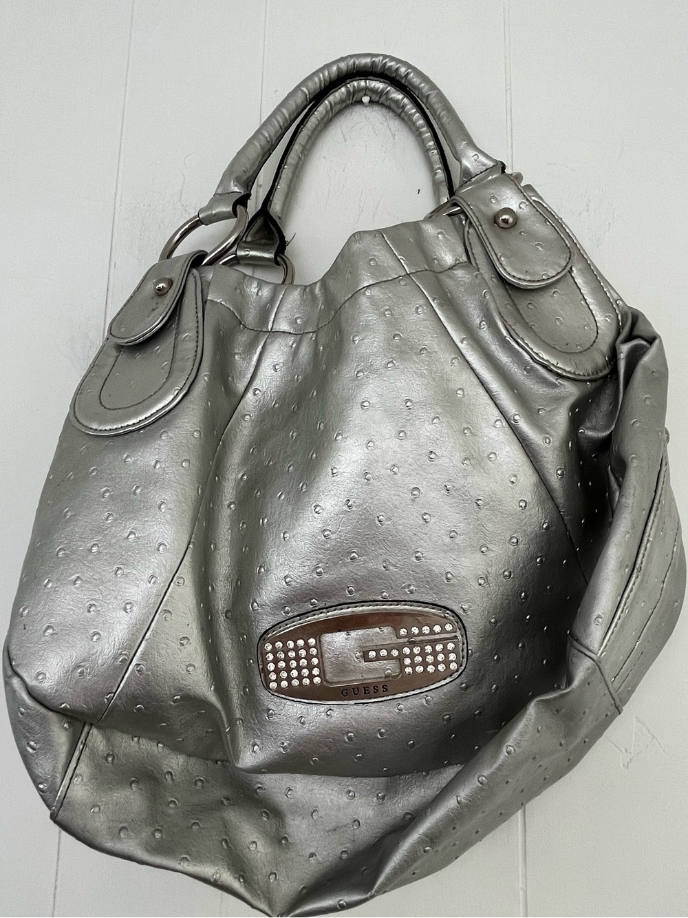 Vintage Guess Y2K Ostrich Embossed Hobo Bag Silver G Logo Shoulder Bag